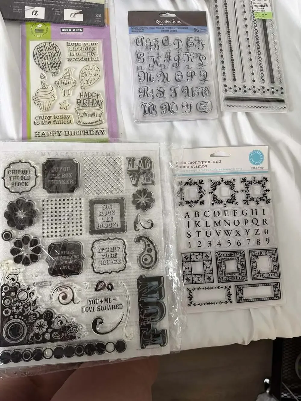 Lot of 7 Clear Acrylic Stamp Sets Various Brands Including Kelly Creates Hero Ar